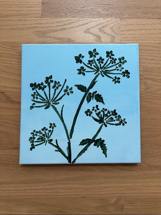 Other - Botanical Acrylic Painting with Blue Background and Green Floral Silhouette